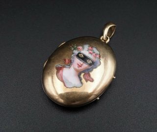 Antique 14k Yellow Gold Diamond Masquerade Masked Portrait Locket Pendant PG000 2