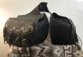 Vintage Leather Motorcycle Saddlebags With Conchos And Fringe