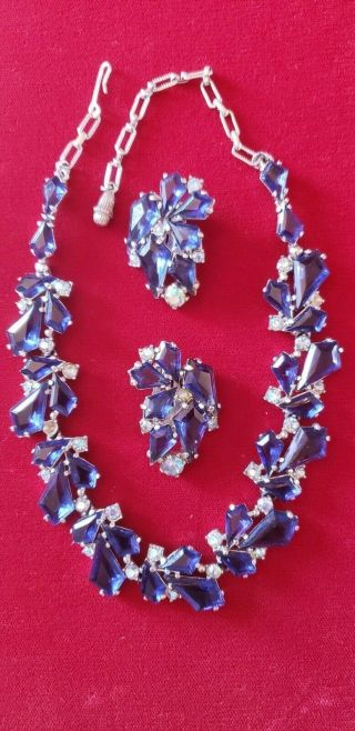 Vintage Schiaparelli Blue Kite Rhinestone Necklace And Earring Set