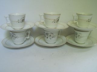 Antique Gray Floral Porcelain Demitasse Cups Saucers Set Of 6 Gold Trim