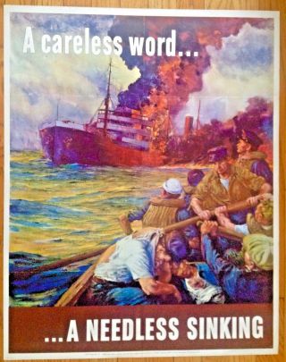 Rare Wwii 1942 Owi Poster 24 A Careless Word A Needless Sinking Us Govt
