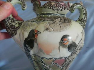 Antique Hand Painted Nippon Moriage Handled Vase 11 " With Birds - Exquisite
