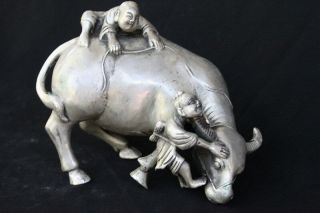 Collectable Tibet Old Exorcism Art Miao Silver Carve Children Ride Cattle Statue