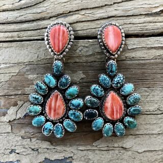 Vintage Southwestern Sterling Silver Turquoise & Spiny Oyster Cluster Earring