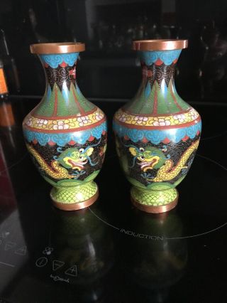 Antique Chinese Cloisonné Enamel Vases,  On Copper With Dragon Decoration