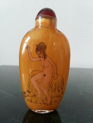 Chinese Small Glass Snuff Bottle Painted Inside Nude Art Decorative Red Top
