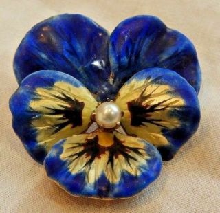 Vintage 14k Yellow Gold & Enamel Pansy Flower Pin Brooch Or Pendant With Pearl