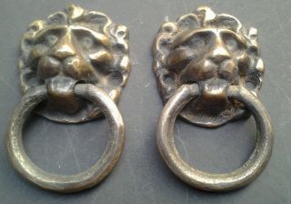 2 Vintage Antique Brass Lion Head Pulls Or Knockers 1 1/2 " Wide X 2 5/8 " Tall H13