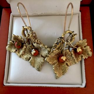 Antique Georgian C1800 Handmade 22k Yellow Gold Salmon Coral Dangle Earrings