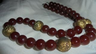 Vtg Round Honey Amber Red Bead W/gold Accents Necklace 25 " Bakelite ? Catalin ?