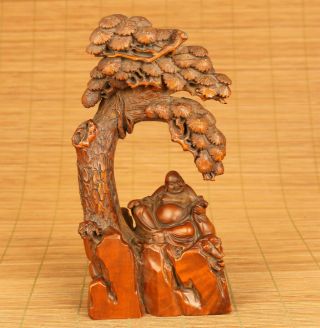 Chinese Old Boxwood Hand Carved Buddha Sit Under The Tree Statue Decoration