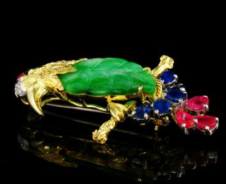 VINTAGE NATURAL JADEITE JADE DIAMOND RUBY SAPPHIRE 14K GOLD BIRD BROOCH PENDANT 11