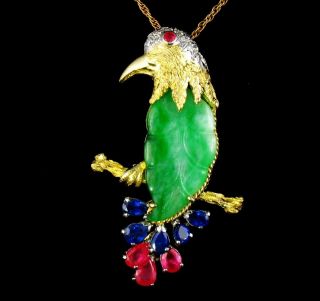 Vintage Natural Jadeite Jade Diamond Ruby Sapphire 14k Gold Bird Brooch Pendant