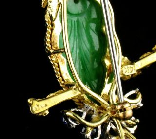 VINTAGE NATURAL JADEITE JADE DIAMOND RUBY SAPPHIRE 14K GOLD BIRD BROOCH PENDANT 8