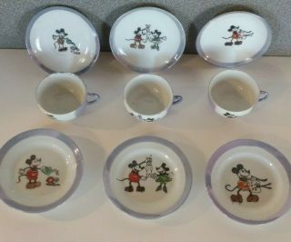 1930s Mickey Mouse 9 Piece Tea Set With Rare Blue Luster Rims /japan