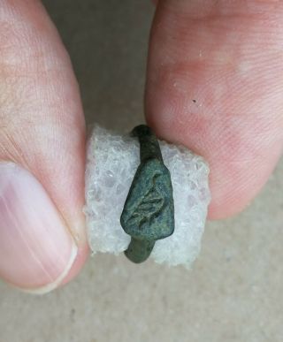 Ancient Viking Old Bronze Fabulous Status Ring Runic Ornament " Bird " Very Rare