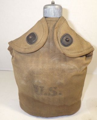 Wwi Us Army Canteen,  Cup & Perkins Campbell Canvas Cover Dated 1917 Owner Id 