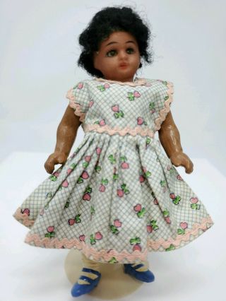 Tiny African American Antique German Bisque Head Mignonette Doll Rare 4.  75 "