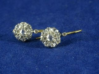 Unique 18ct Gold Old Rose Cut Diamond Cluster Earings,  Crown Setting,  Fishook.