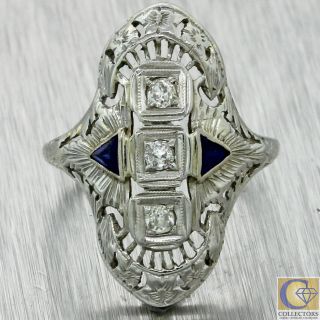 1930s Antique Art Deco 14k White Gold Diamond Sapphire Filigree Cocktail Ring