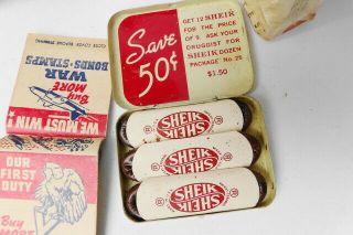 WW2 NO - Foil LUCKY STRIKE WHITES Cigarette Pack w/ SHIEK CONDOMS TIN, 5