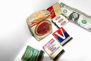 WW2 NO - Foil LUCKY STRIKE WHITES Cigarette Pack w/ SHIEK CONDOMS TIN, 7