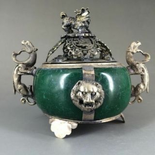 Collectible Decorated Antique Jade& Tibet Silver Incense Burner B01