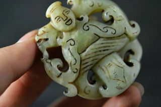 Delicate Chinese Old Jade Carved People/dragon/phoenix Amulet Pendant J12