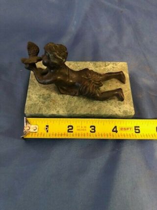 Small Antique Bronze Figure Of Child With Bird,  Marble Base.  Art Deco