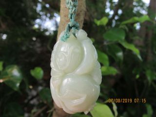 Antique/Vintage Chinese Carved Mutton Fat Nephrite Jade DOUBLE PEACHES Amulet 8