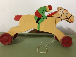 One Of A Kind Handmade Race Horse And Jockey Pull Toy Signed