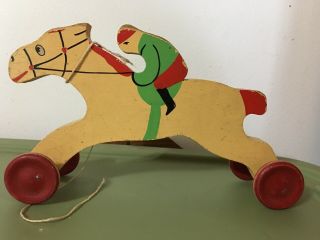 One Of A Kind Handmade Race Horse And Jockey Pull Toy Signed 3