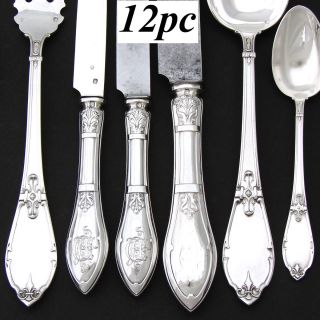 Antique French Sterling Silver 12pc Dinner Flatware Set,  A 6pc Setting For Two