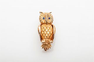 Antique Retro Signed $4000 Natural Blue Sapphire 14k Yellow Gold Owl Brooch