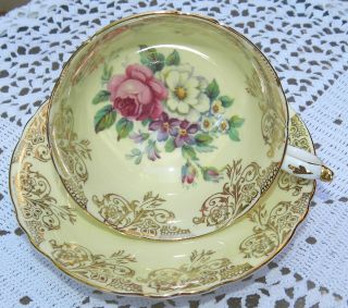Paragon Cup Saucer Pink Cabbage Rose Violets White Camellia Yellow Gold Lattice
