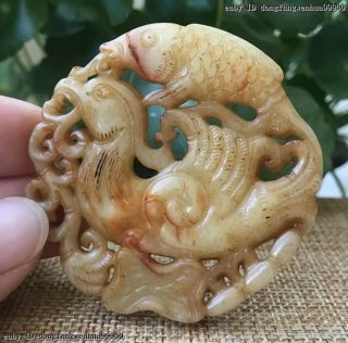China Natural Jade Stone Hand Carved Phoenix Fish Amulet Necklace Pendant Ai38