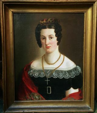 Antique Oil Painting On Canvas With Frame " Portrait Of A Noble Lady " 1800 Circa