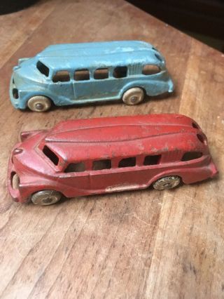 2,  1930s Hubley Cast Iron,  3.  5” Touring Bus,  2271,  Red & Blue