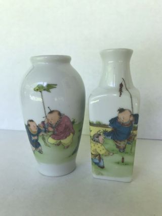 Vintage Set Of 2 Republic Period Signed Porcelain Miniature Chinese Vases 4 "