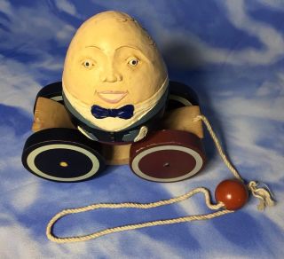 Rare Adorable 7 " Vintage Briere Humpty Dumpty Egg Figurine & Wood Pull Cart Toy