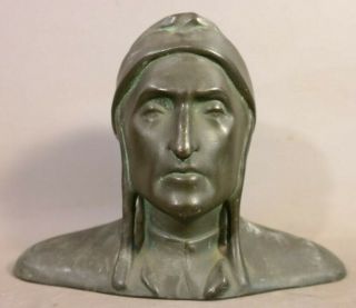 Ca.  1920 Antique Bronze Clad Old Dante Alighieri Statue Bust Bookcase Sculpture