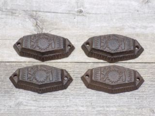 4 Cast Iron Fancy Cup Pulls Drawer Cabinet Bin Handles Rustic Vintage Dresser