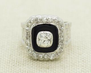 Antique 18k White Gold 1.  70ct Old Mine Cut Diamond Onyx Cocktail Ring Size 5.  75