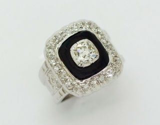 Antique 18k White Gold 1.  70ct Old Mine Cut Diamond Onyx Cocktail Ring Size 5.  75 2