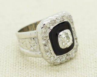 Antique 18k White Gold 1.  70ct Old Mine Cut Diamond Onyx Cocktail Ring Size 5.  75 3