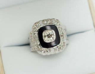Antique 18k White Gold 1.  70ct Old Mine Cut Diamond Onyx Cocktail Ring Size 5.  75 5