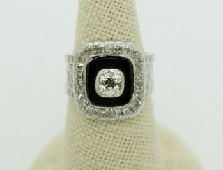 Antique 18k White Gold 1.  70ct Old Mine Cut Diamond Onyx Cocktail Ring Size 5.  75 6