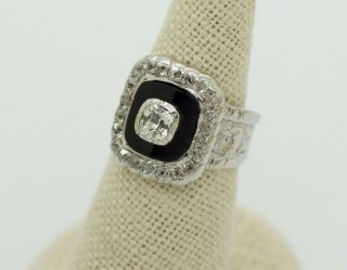 Antique 18k White Gold 1.  70ct Old Mine Cut Diamond Onyx Cocktail Ring Size 5.  75 7