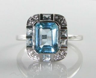 Large 9k 9ct White Gold Aquamarine Diamond Art Deco Ins Ring Resize