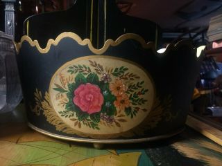 Large Antique Black Hand Painted Vintage Flowers Tole Metal Vase Planter Italy